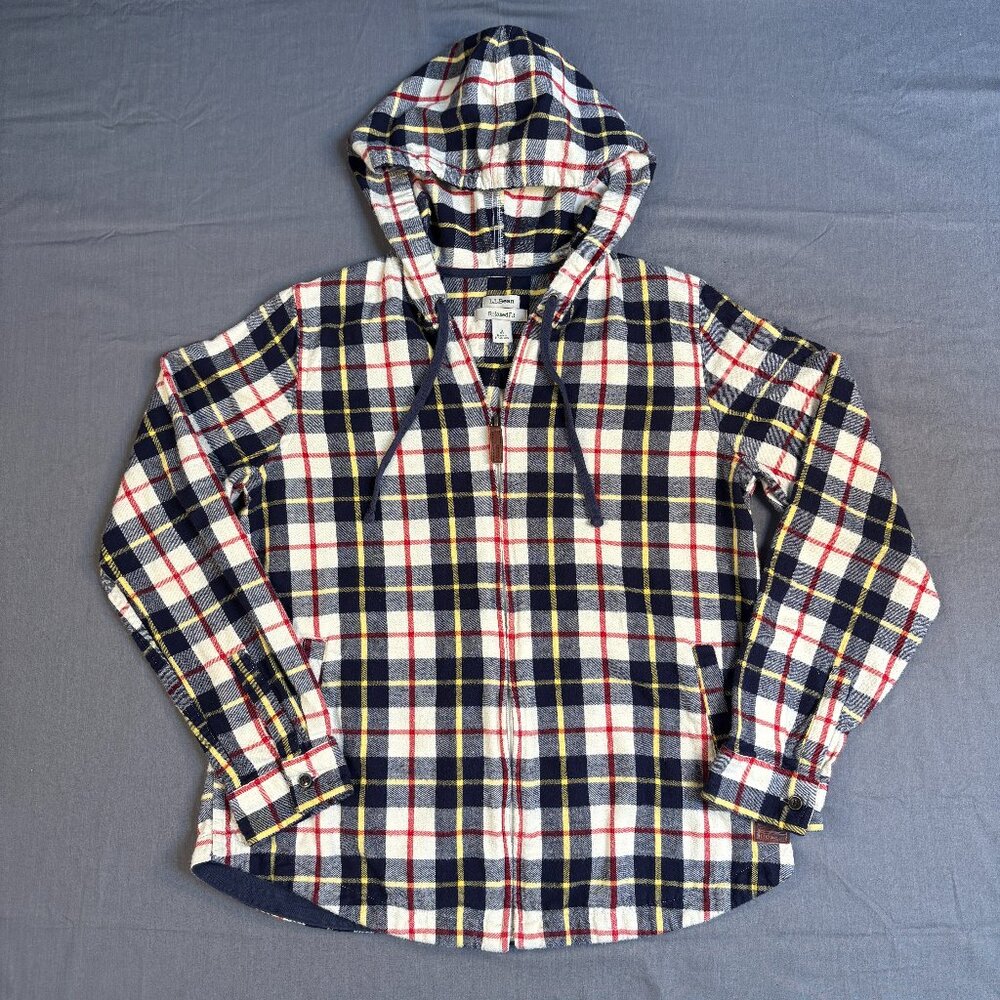 LL Bean Scotch Plaid Flannel Full Zip Hoodie Women's Small - Relaxed Fit